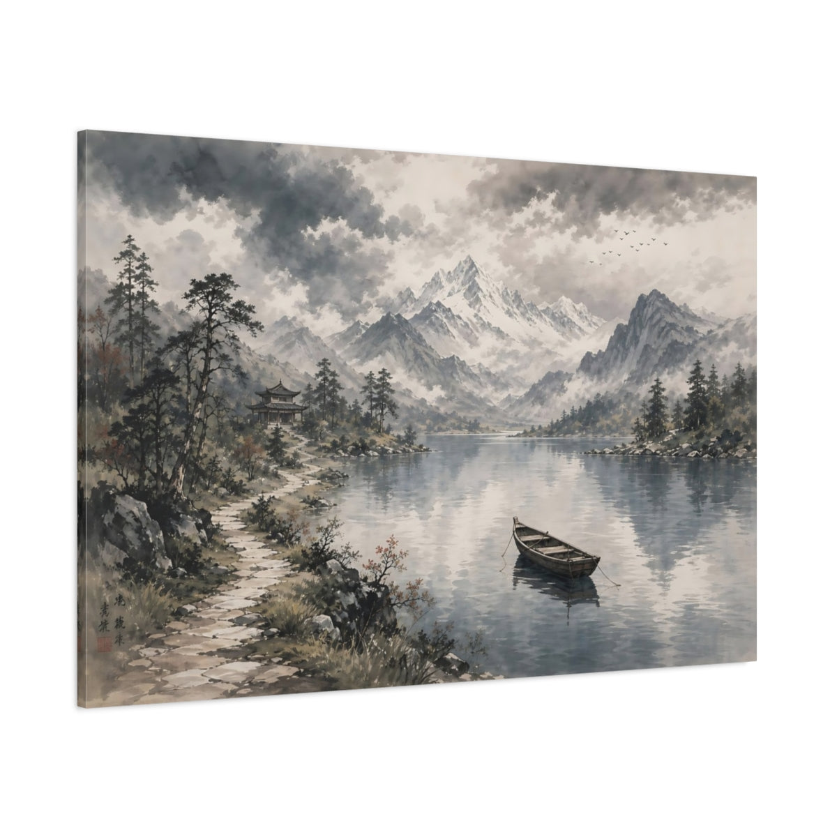 Side Mockup 1. Nature Mountain Lake Gray And Blue shown as stretched canvas wall art