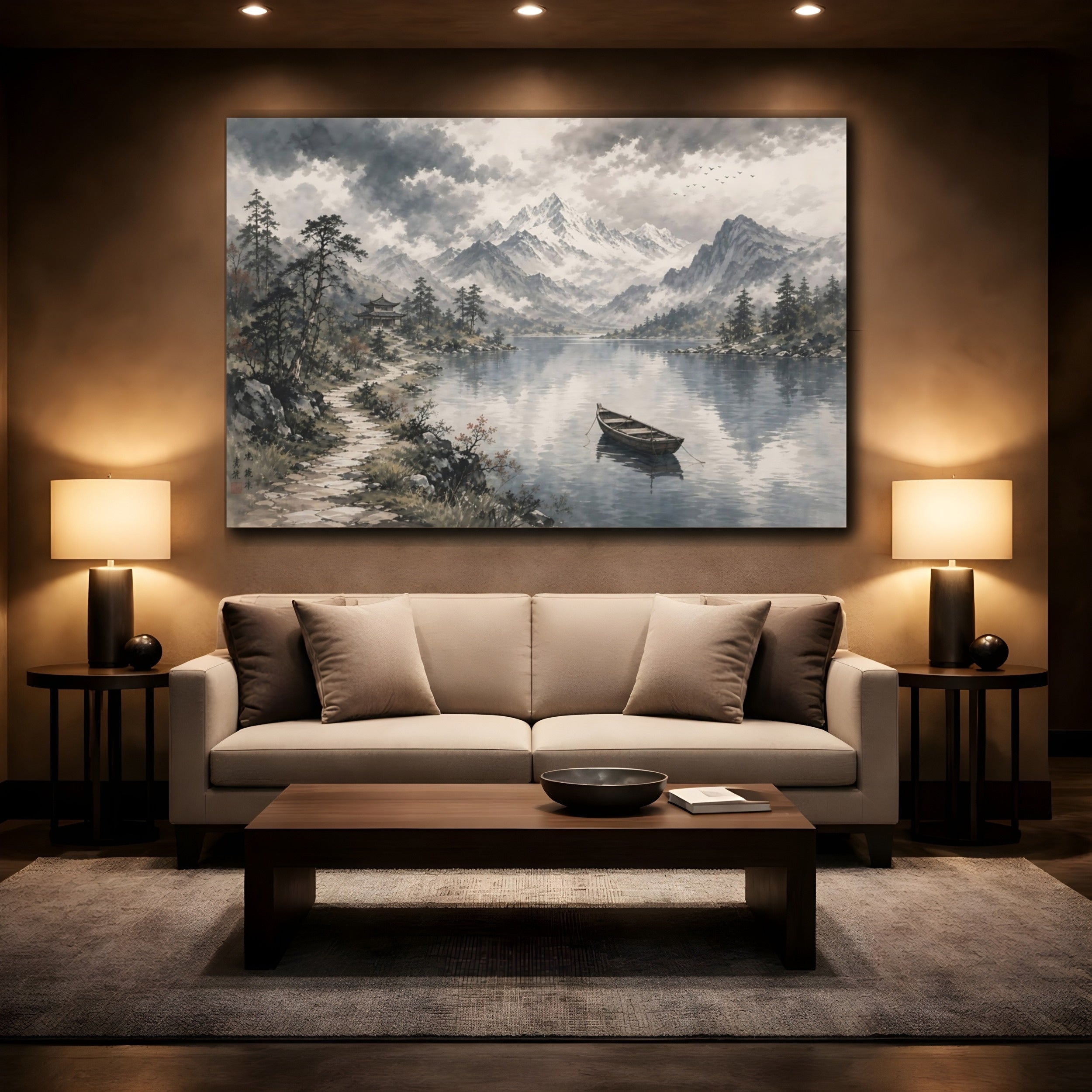 Mockup 2. Nature Mountain Lake Gray And Blue shown as stretched canvas wall art