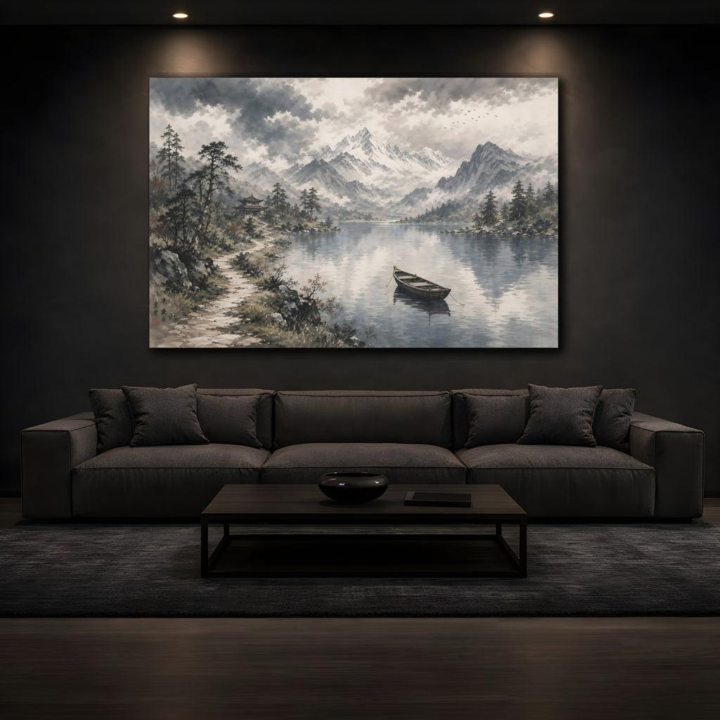Mockup 3. Nature Mountain Lake Gray And Blue shown as stretched canvas wall art