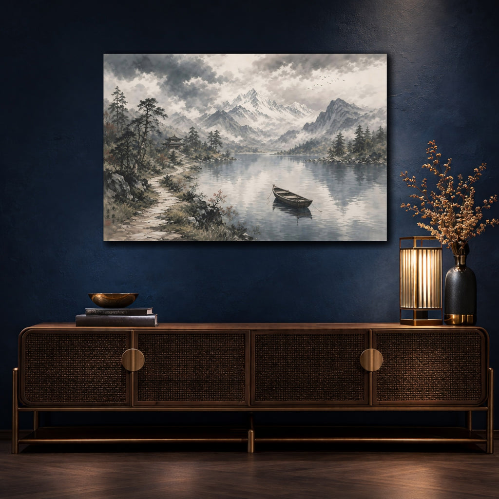 Mockup 4. Nature Mountain Lake Gray And Blue shown as stretched canvas wall art