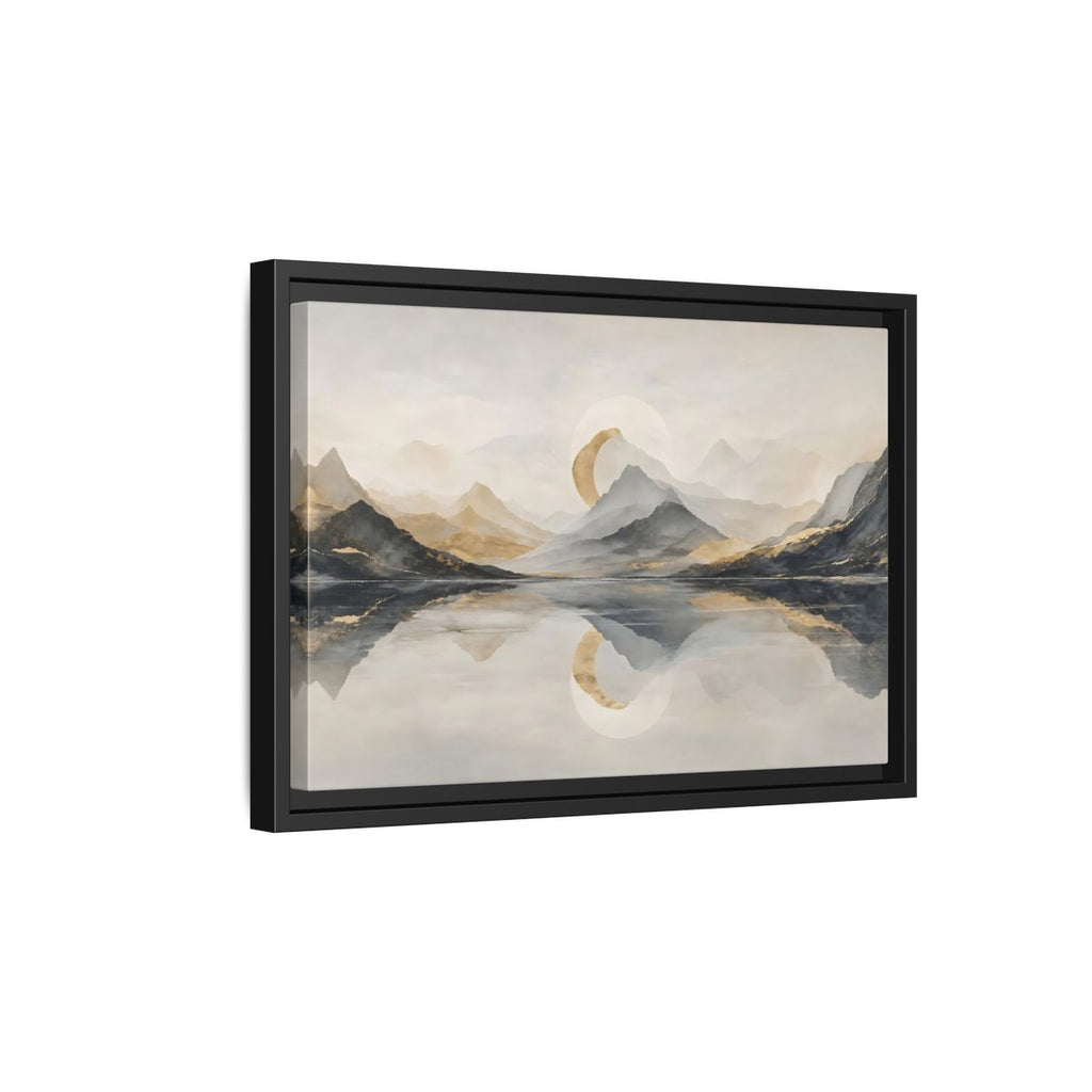 Side Mockup 6. Nature Mountain Lake Grey And Gold Landscape shown as stretched canvas wall art