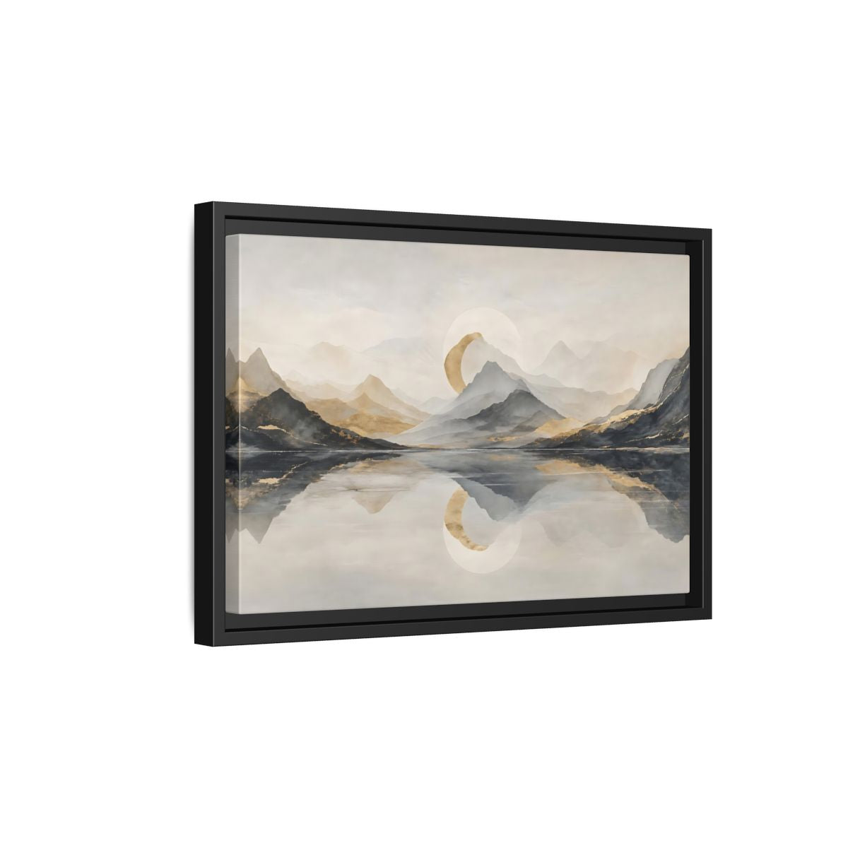 Side Mockup 6. Nature Mountain Lake Grey And Gold Landscape shown as stretched canvas wall art