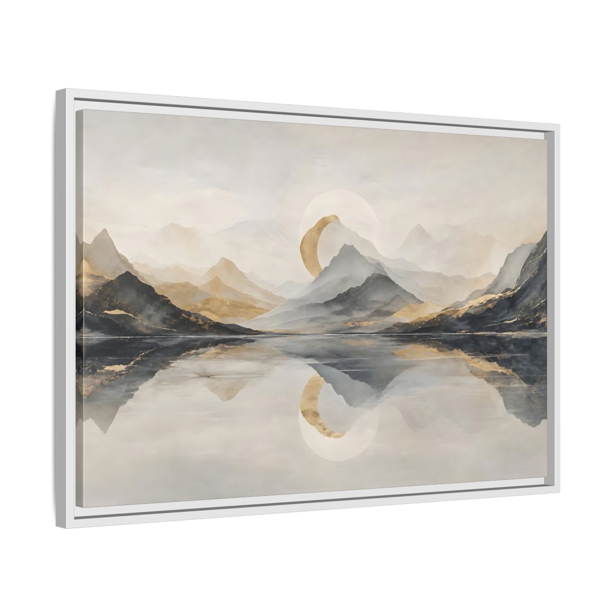 Side Mockup 10. Nature Mountain Lake Grey And Gold Landscape shown as stretched canvas wall art