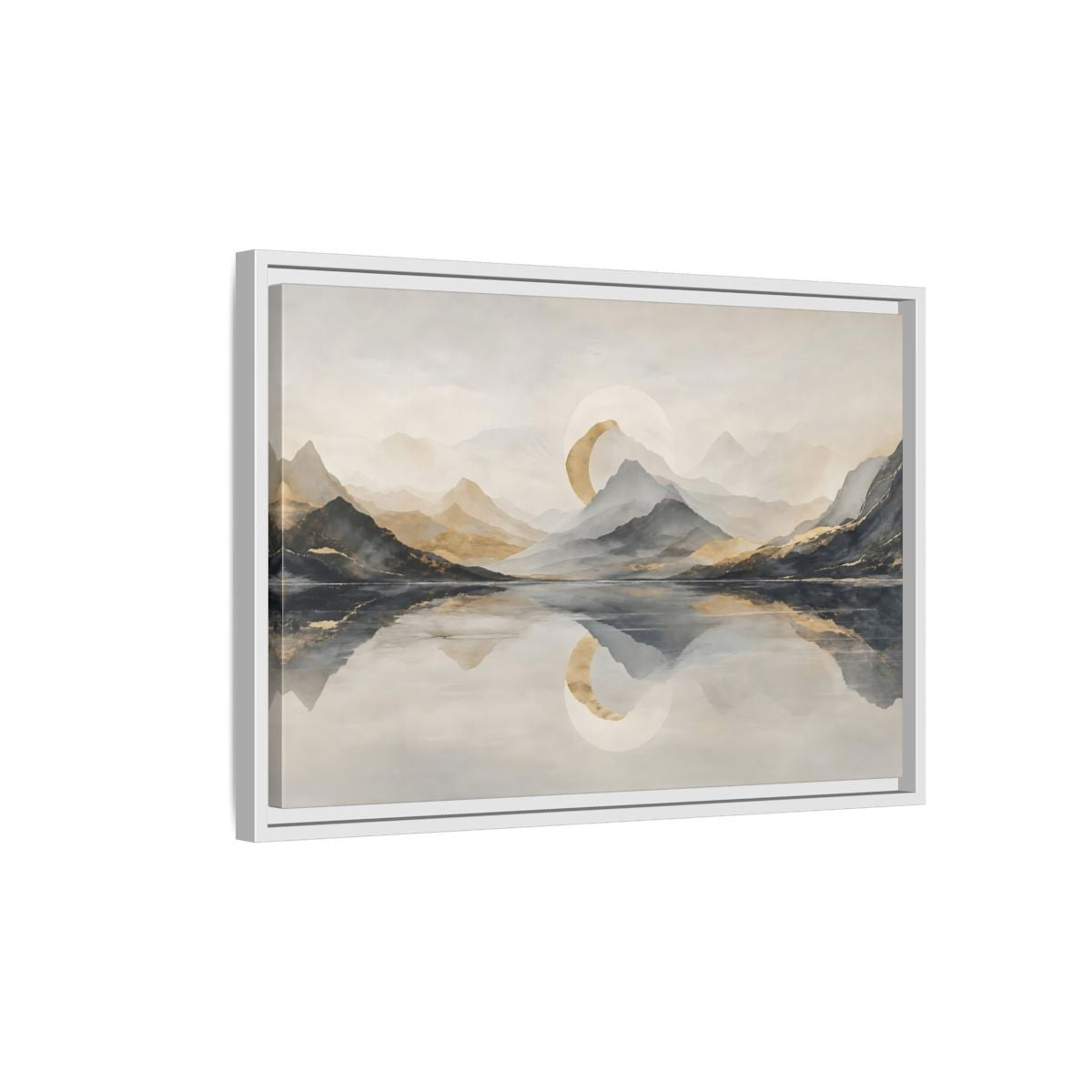 Side Mockup 1. Nature Mountain Lake Grey And Gold Landscape shown as stretched canvas wall art