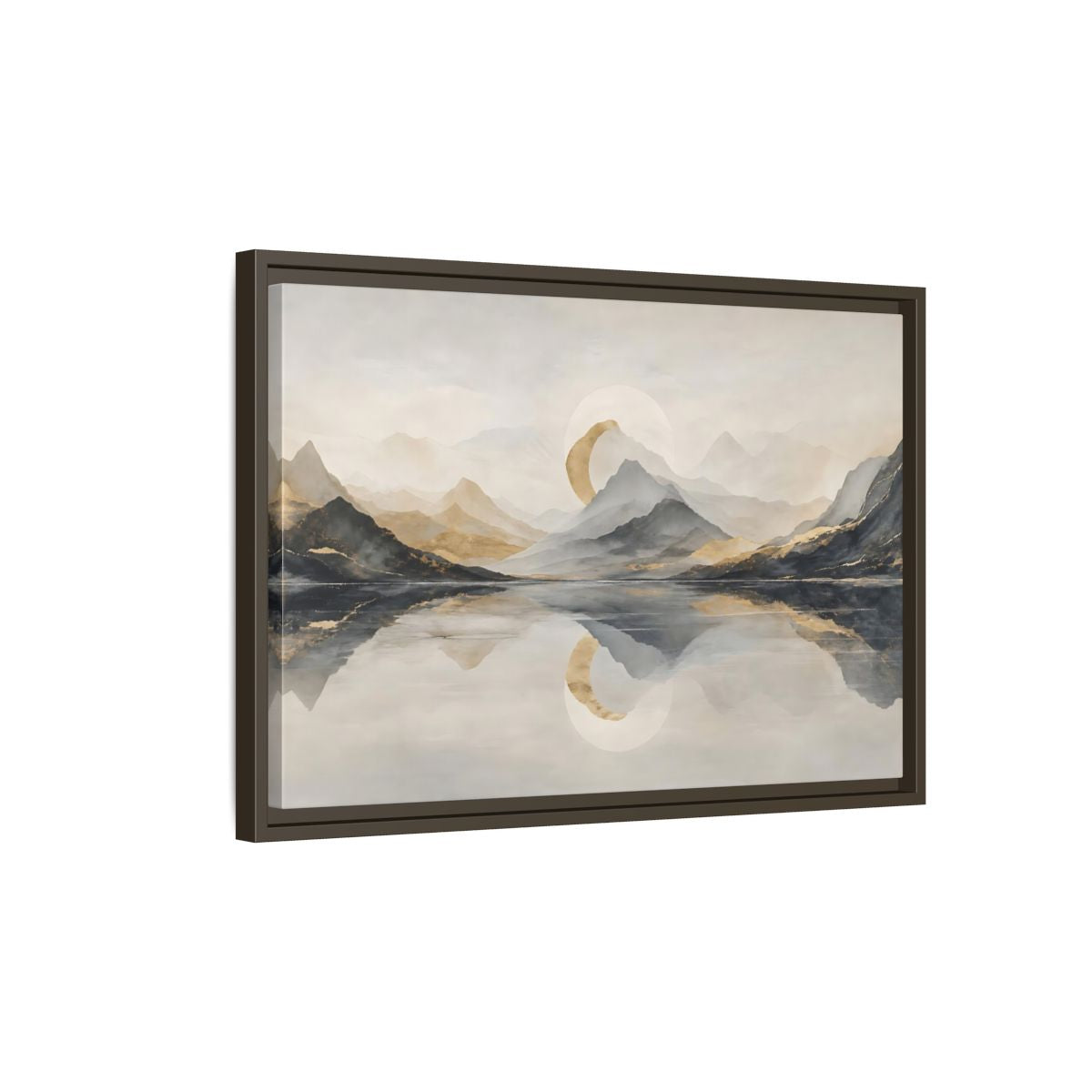 Side Mockup 2. Nature Mountain Lake Grey And Gold Landscape shown as stretched canvas wall art