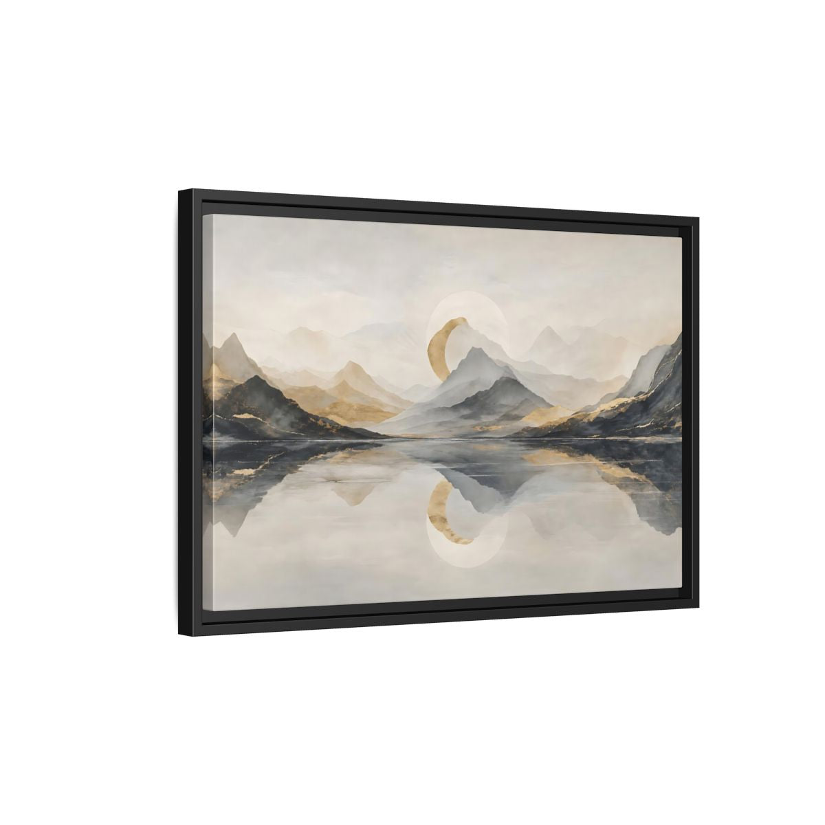 Side Mockup 3. Nature Mountain Lake Grey And Gold Landscape shown as stretched canvas wall art