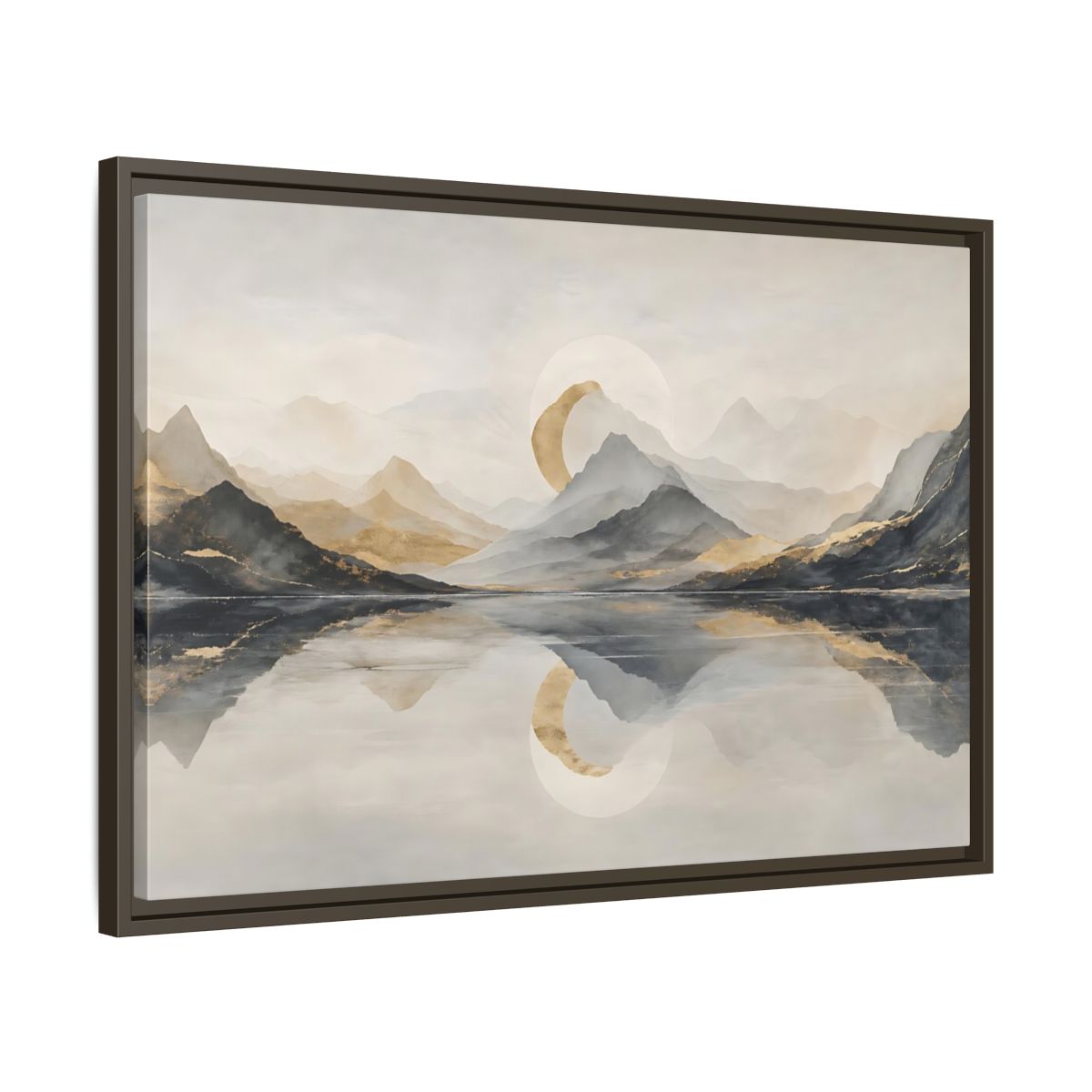 Side Mockup 11. Nature Mountain Lake Grey And Gold Landscape shown as stretched canvas wall art