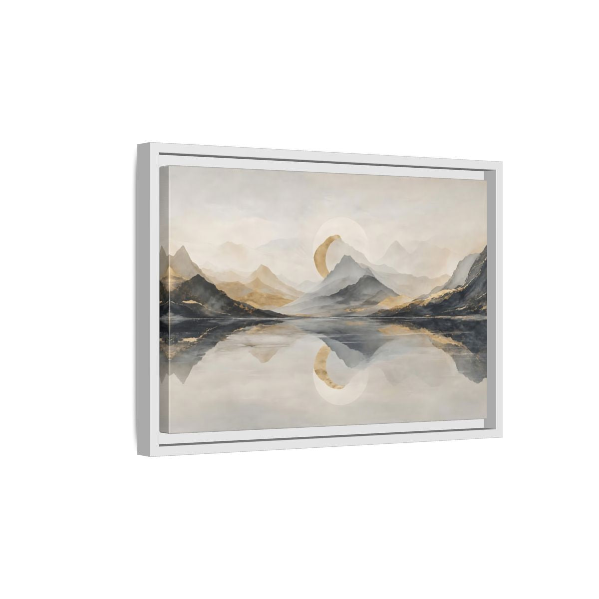 Side Mockup 4. Nature Mountain Lake Grey And Gold Landscape shown as stretched canvas wall art