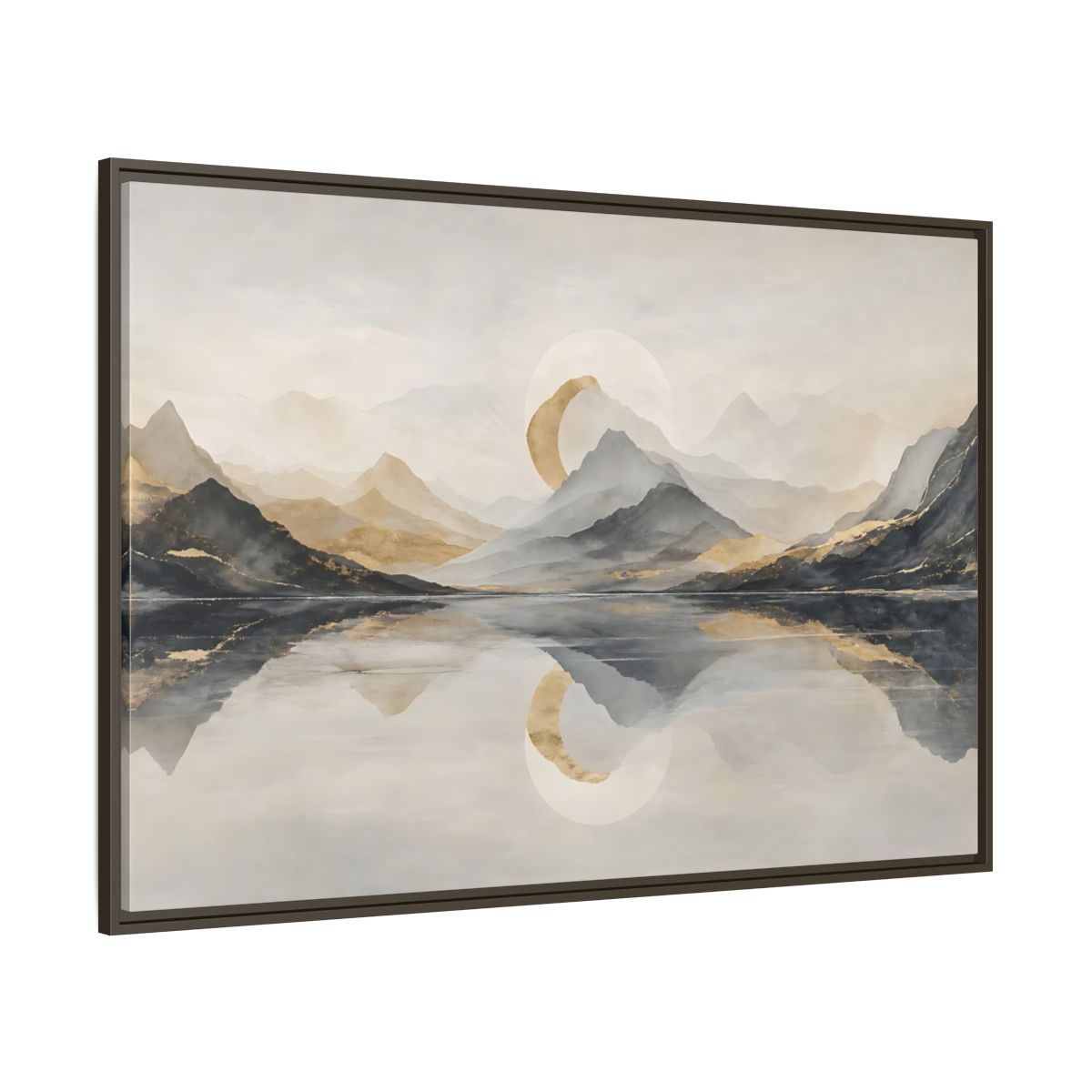 Side Mockup 8. Nature Mountain Lake Grey And Gold Landscape shown as stretched canvas wall art