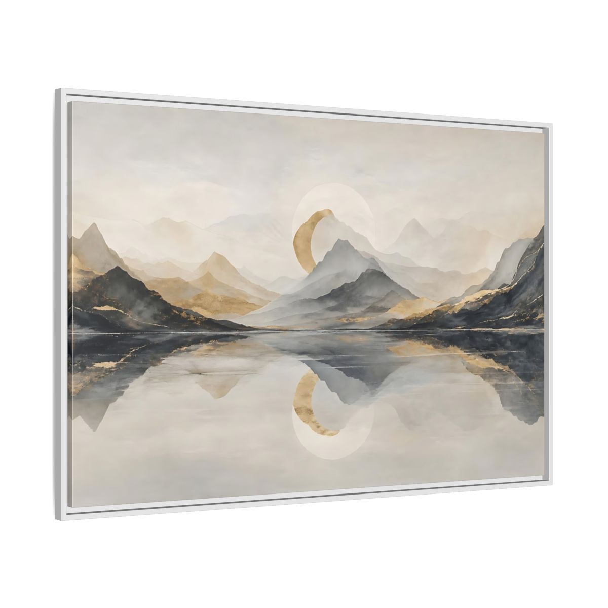 Side Mockup 7. Nature Mountain Lake Grey And Gold Landscape shown as stretched canvas wall art