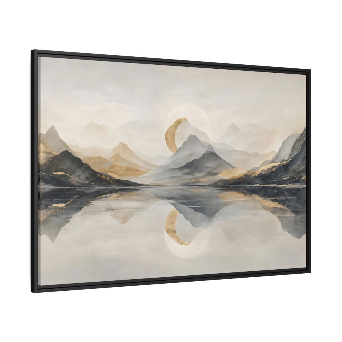 Side Mockup 12. Nature Mountain Lake Grey And Gold Landscape shown as stretched canvas wall art