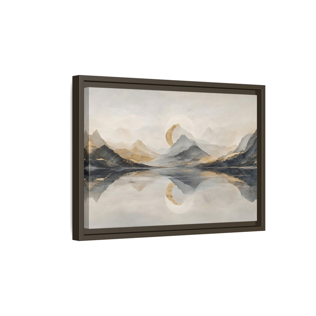 Side Mockup 5. Nature Mountain Lake Grey And Gold Landscape shown as stretched canvas wall art