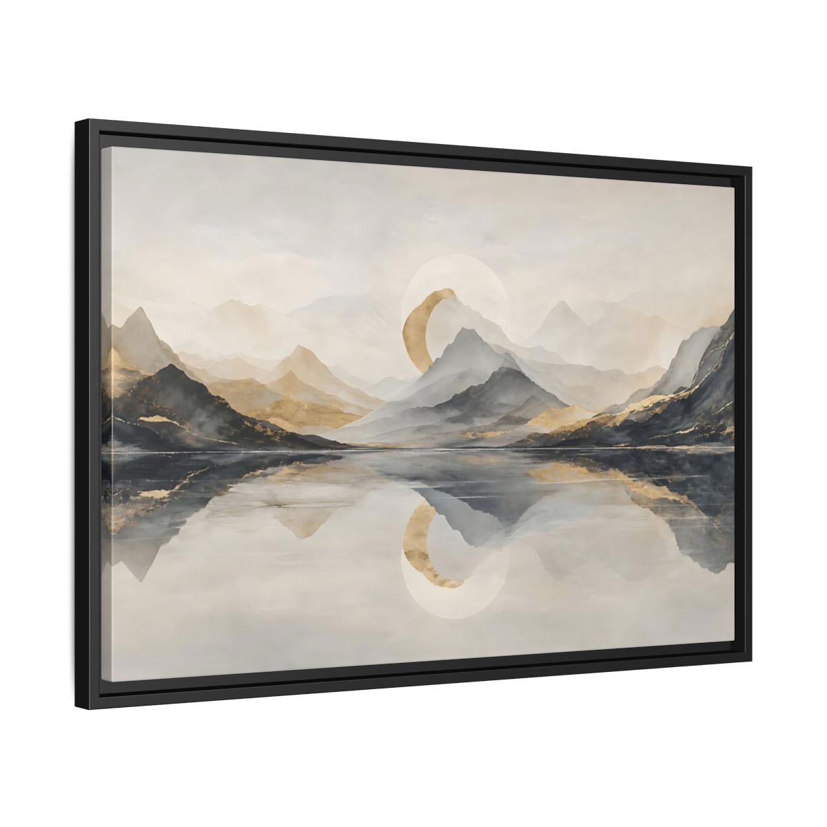 Side Mockup 14. Nature Mountain Lake Grey And Gold Landscape shown as stretched canvas wall art