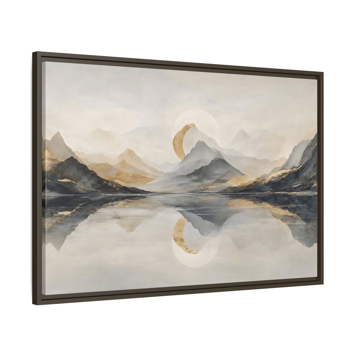 Main Mockup. Nature Mountain Lake Grey And Gold Landscape shown as stretched canvas wall art