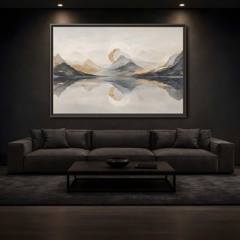 Mockup 3. Nature Mountain Lake Grey And Gold Landscape shown as stretched canvas wall art