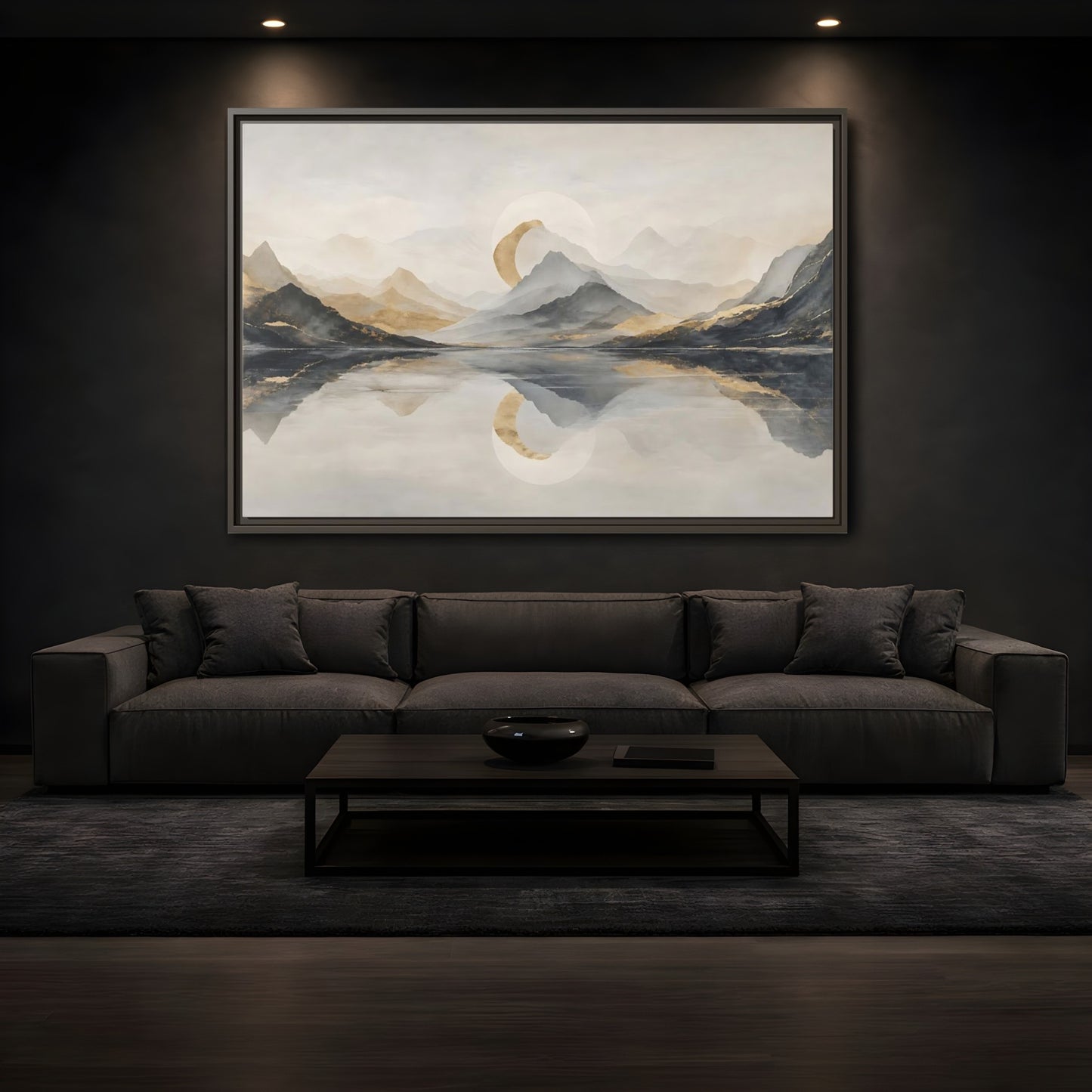 Mockup 3. Nature Mountain Lake Grey And Gold Landscape shown as stretched canvas wall art