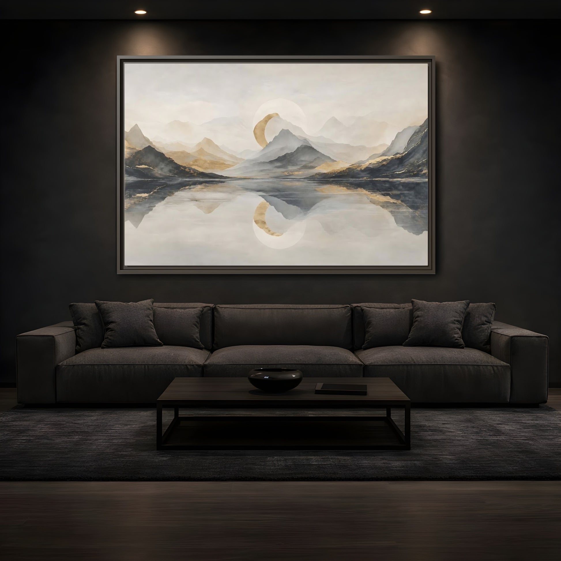 Mockup 3. Nature Mountain Lake Grey And Gold Landscape shown as stretched canvas wall art