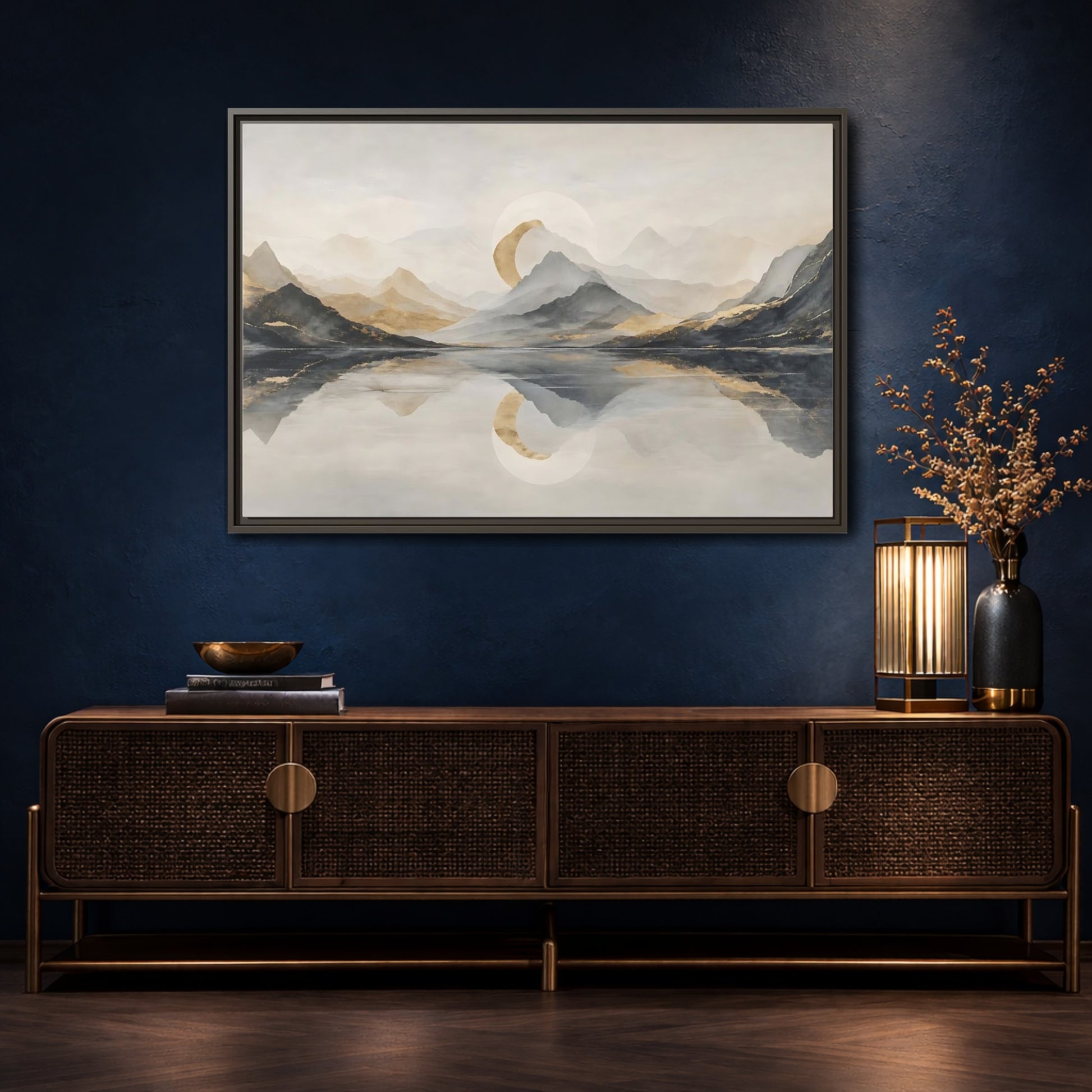 Mockup 4. Nature Mountain Lake Grey And Gold Landscape shown as stretched canvas wall art