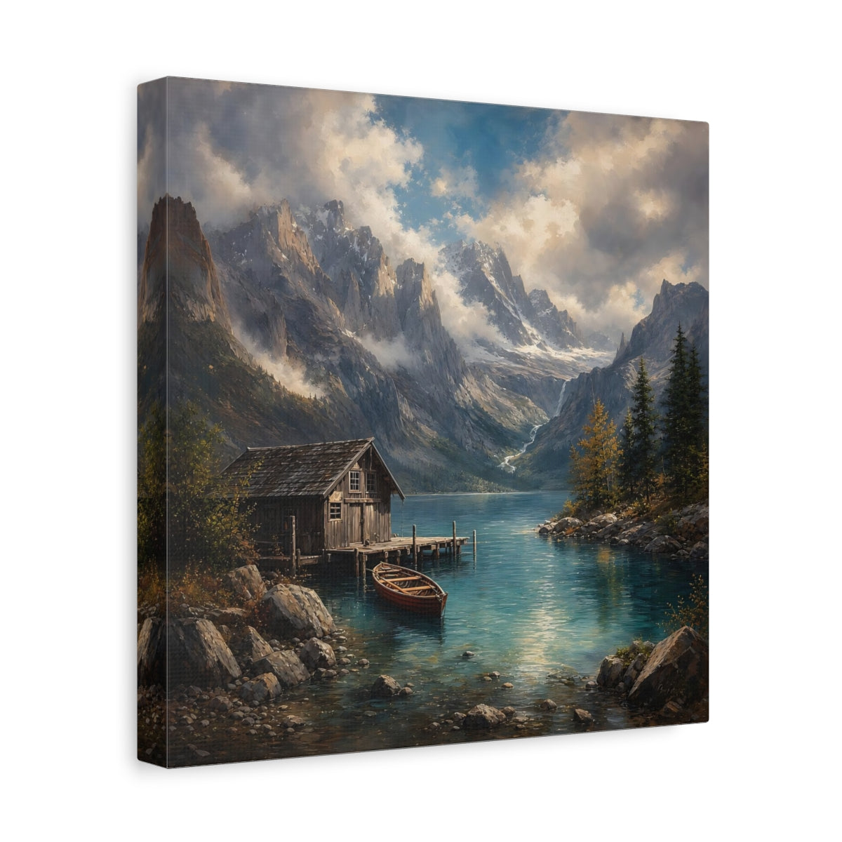 Side Mockup 8. Nature Mountain Lake Mountain Lake Landscape shown as stretched canvas wall art