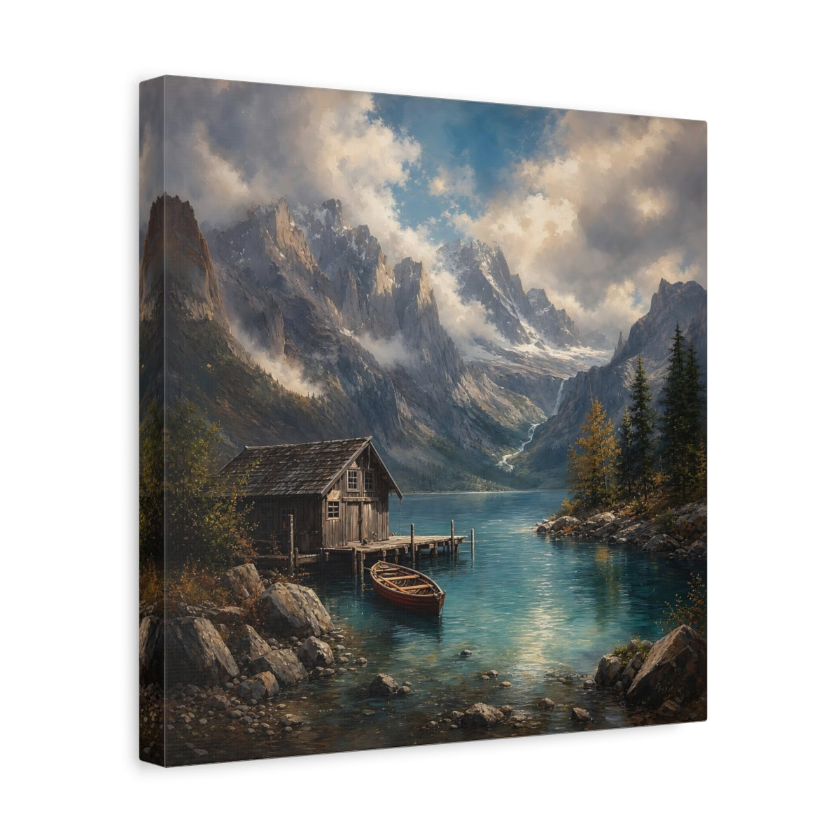 Side Mockup 7. Nature Mountain Lake Mountain Lake Landscape shown as stretched canvas wall art