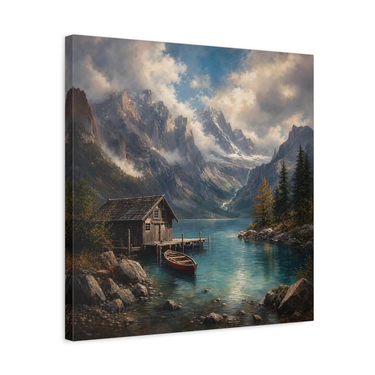 Side Mockup 5. Nature Mountain Lake Mountain Lake Landscape shown as stretched canvas wall art