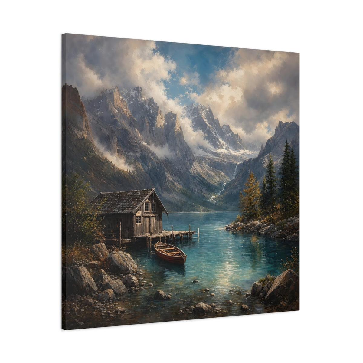 Side Mockup 1. Nature Mountain Lake Mountain Lake Landscape shown as stretched canvas wall art