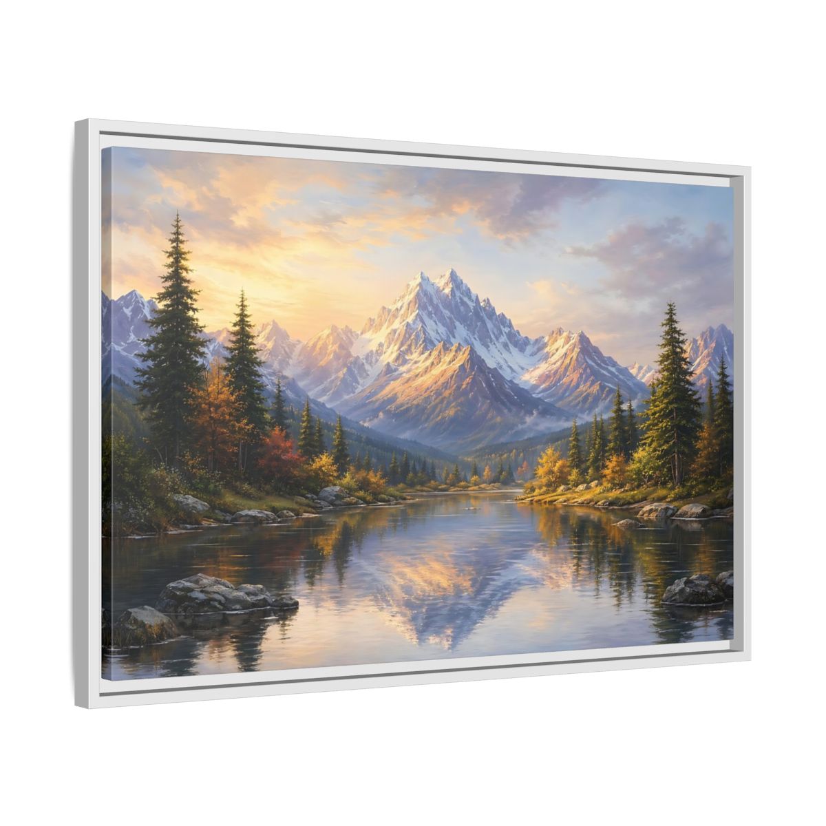 Side Mockup 10. Nature Mountain Lake Mountain Lake Landscape shown as stretched canvas wall art