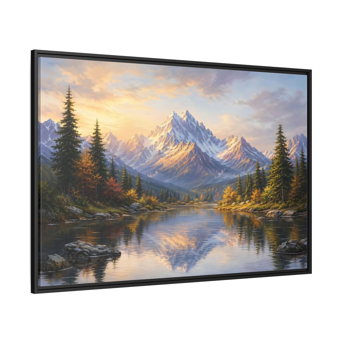 Side Mockup 12. Nature Mountain Lake Mountain Lake Landscape shown as stretched canvas wall art