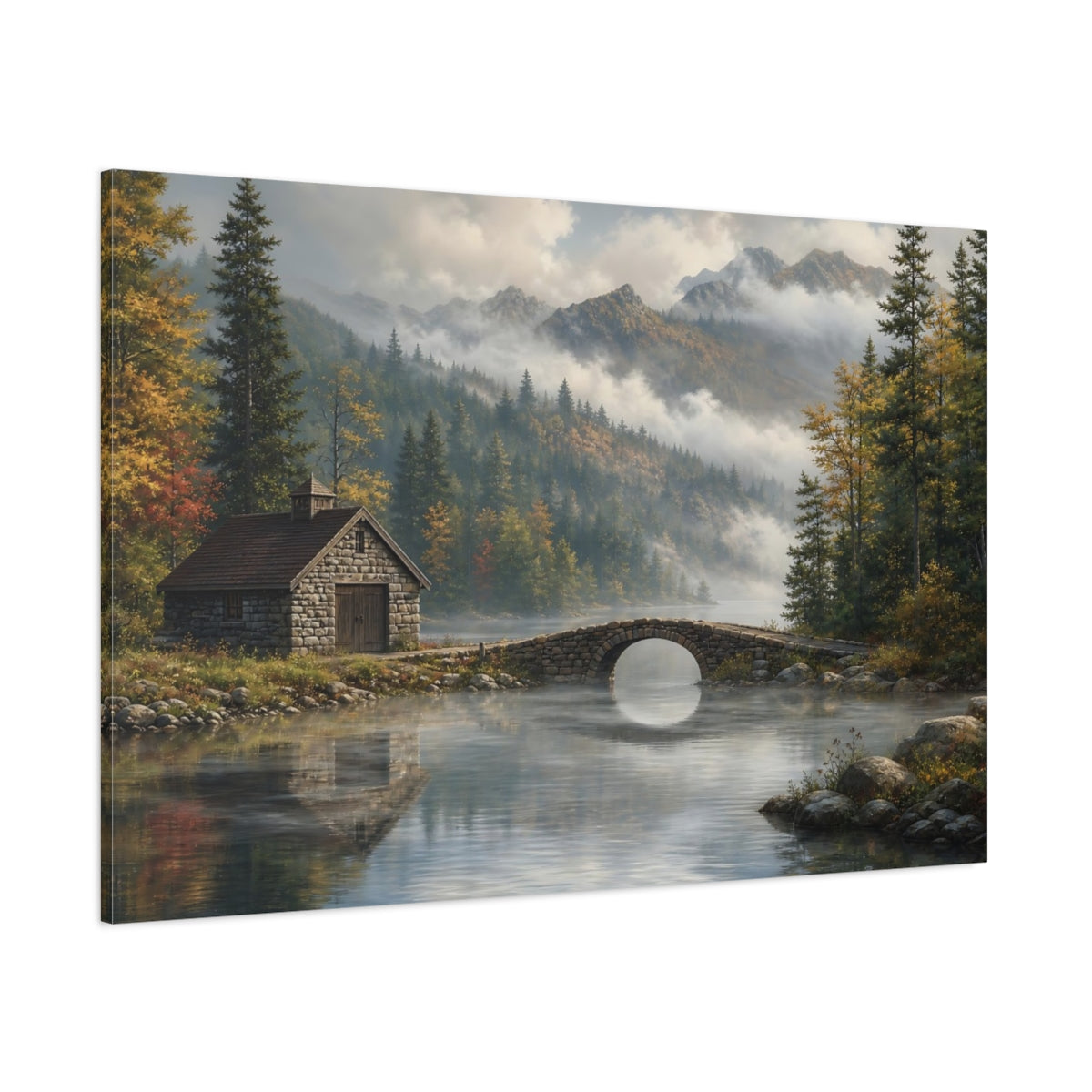 Side Mockup 1. Nature Mountain Lake Misty Mountain Lake shown as stretched canvas wall art