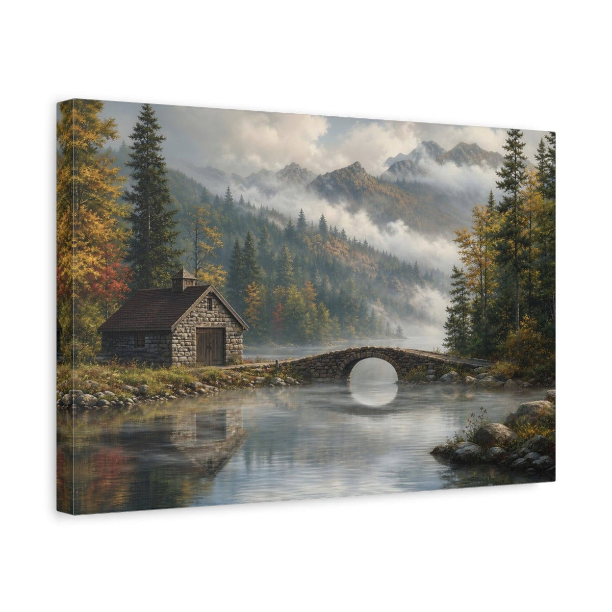 Side Mockup 4. Nature Mountain Lake Misty Mountain Lake shown as stretched canvas wall art