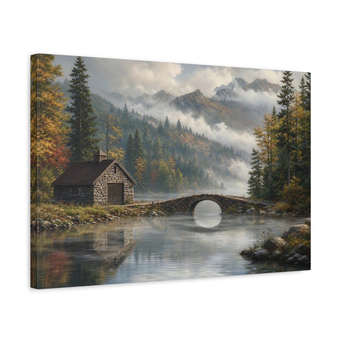Side Mockup 3. Nature Mountain Lake Misty Mountain Lake shown as stretched canvas wall art