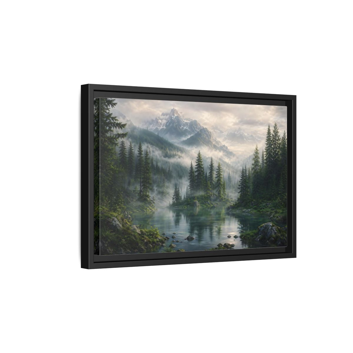 Side Mockup 6. Nature Mountain Lake Misty Mountain Forest shown as stretched canvas wall art
