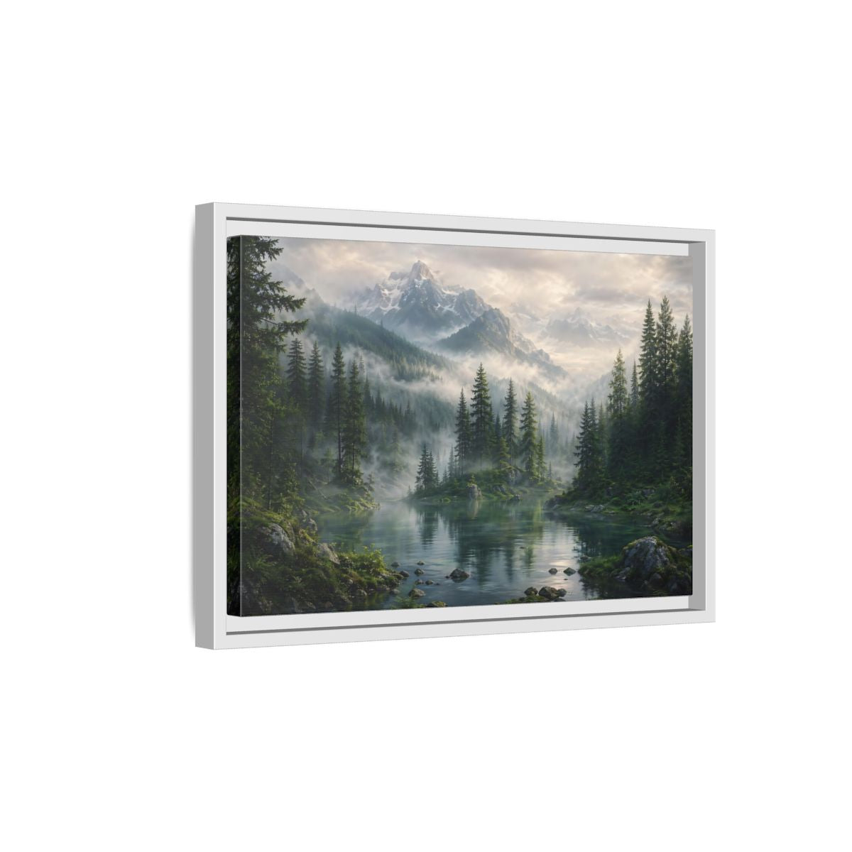 Side Mockup 4. Nature Mountain Lake Misty Mountain Forest shown as stretched canvas wall art