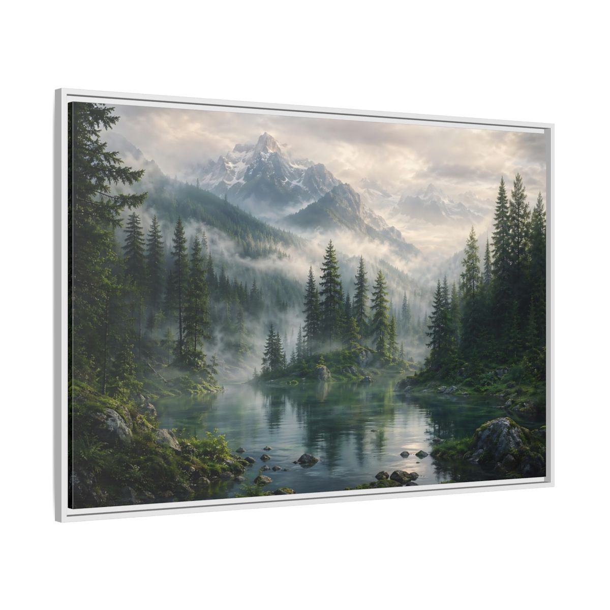 Side Mockup 7. Nature Mountain Lake Misty Mountain Forest shown as stretched canvas wall art