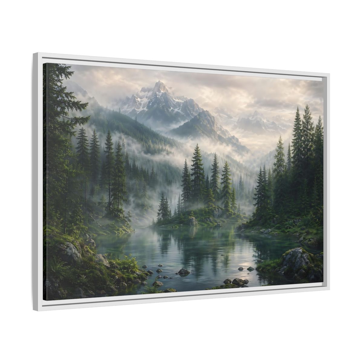 Side Mockup 9. Nature Mountain Lake Misty Mountain Forest shown as stretched canvas wall art