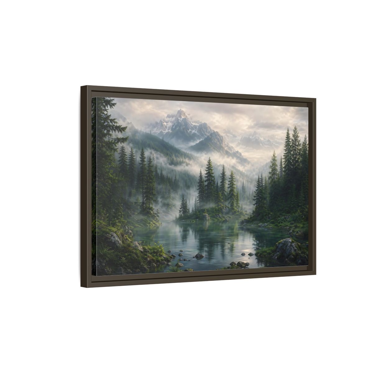 Side Mockup 2. Nature Mountain Lake Misty Mountain Forest shown as stretched canvas wall art