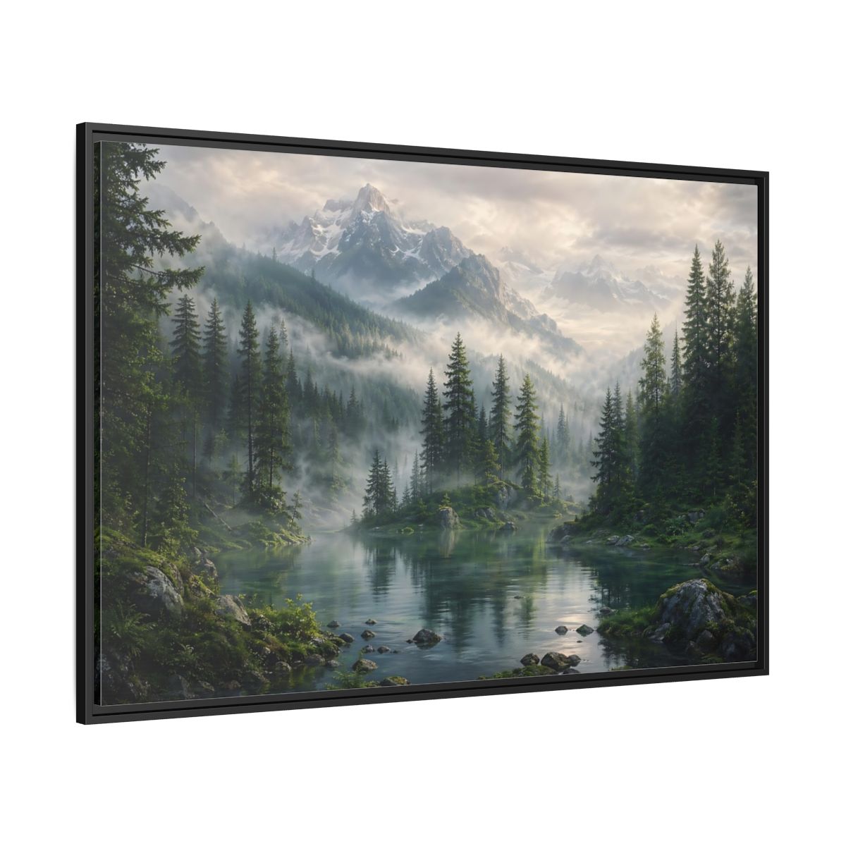 Side Mockup 12. Nature Mountain Lake Misty Mountain Forest shown as stretched canvas wall art