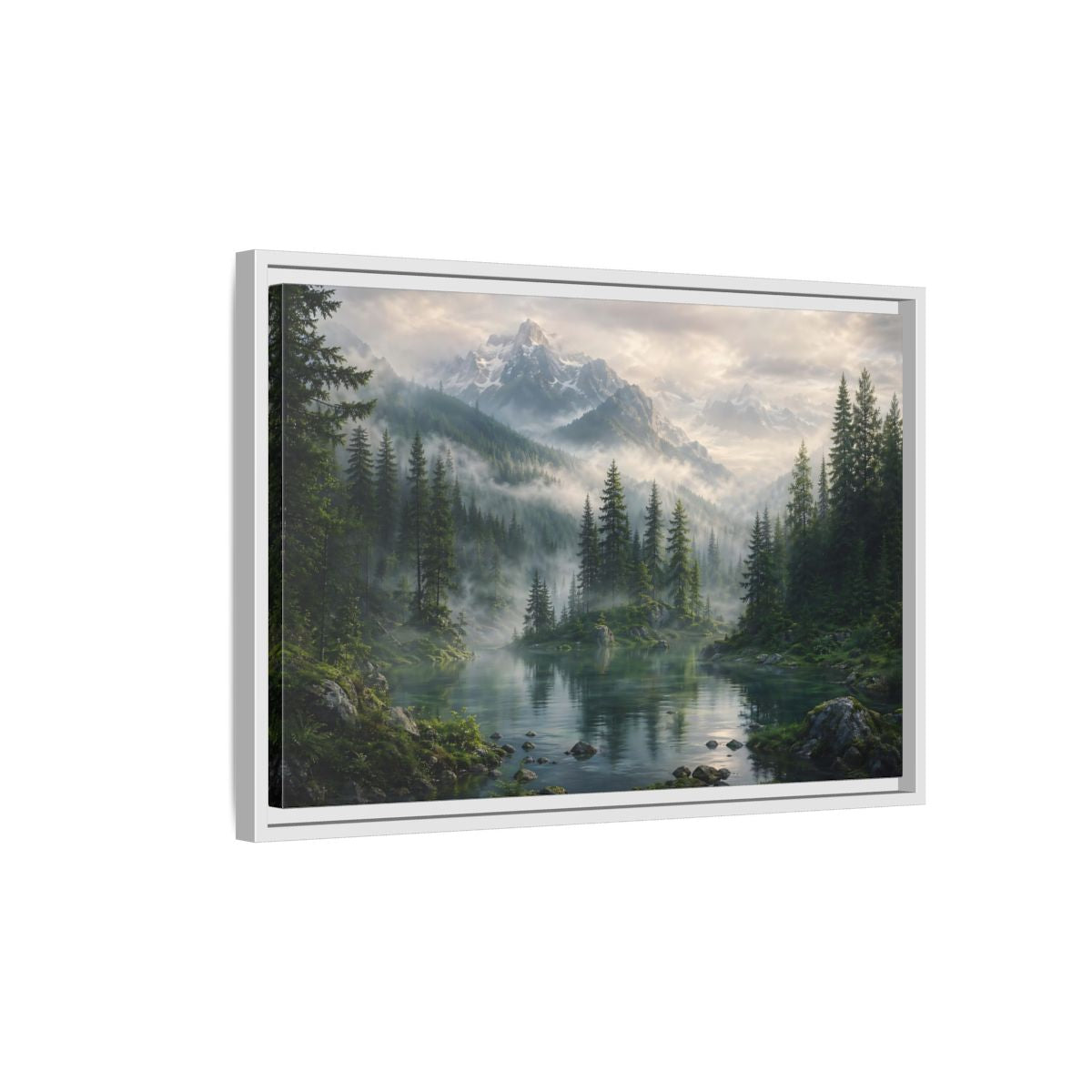 Side Mockup 1. Nature Mountain Lake Misty Mountain Forest shown as stretched canvas wall art