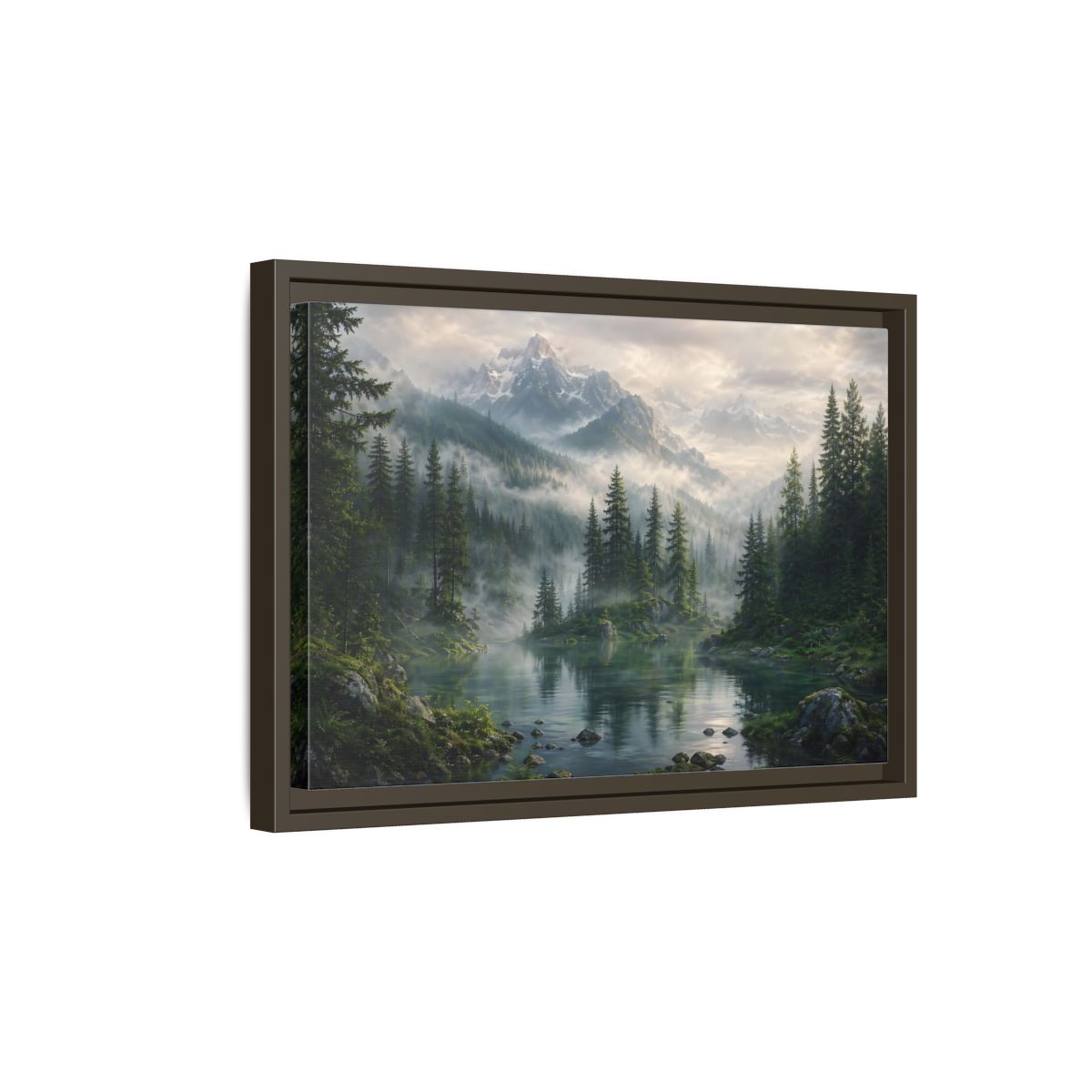Side Mockup 5. Nature Mountain Lake Misty Mountain Forest shown as stretched canvas wall art