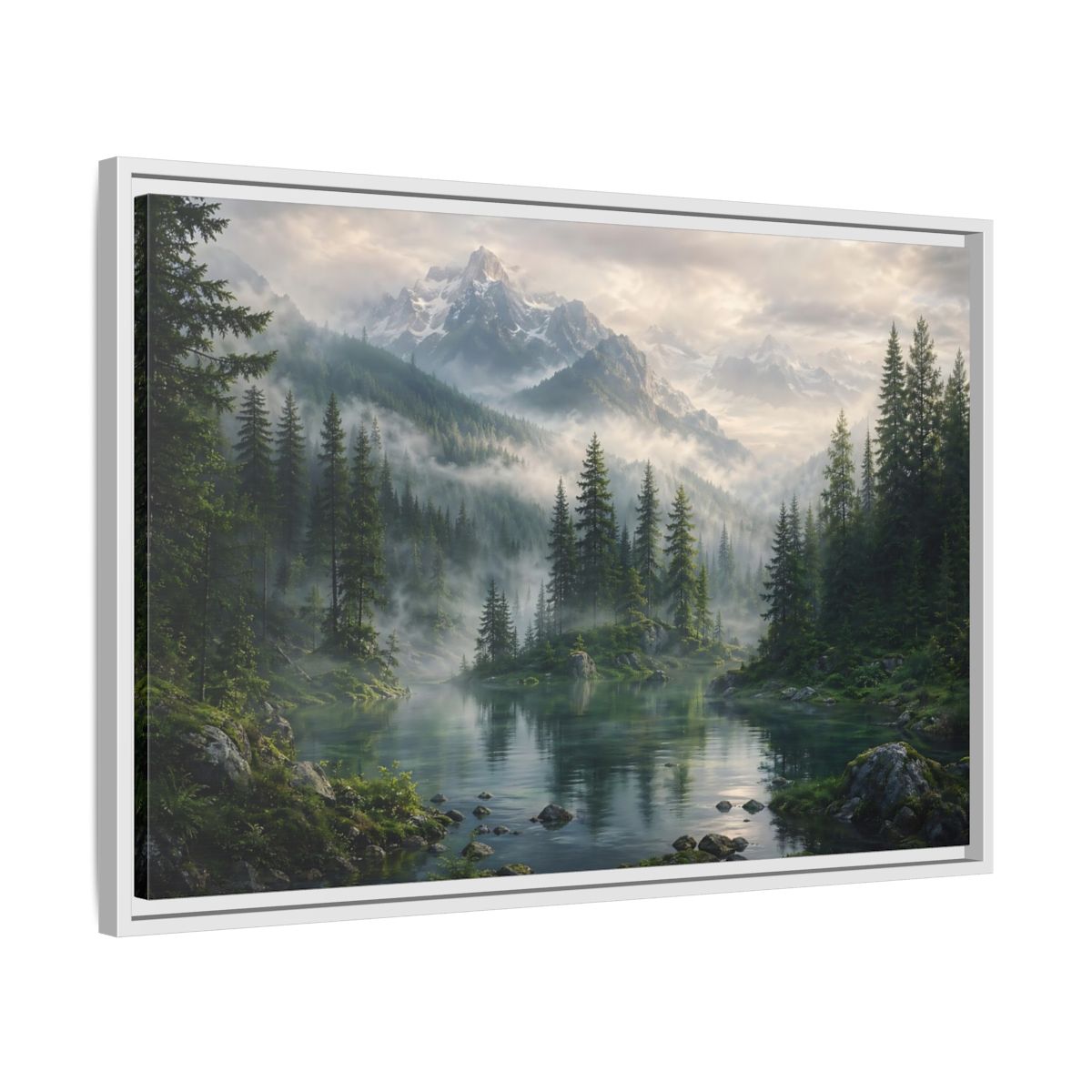 Side Mockup 10. Nature Mountain Lake Misty Mountain Forest shown as stretched canvas wall art