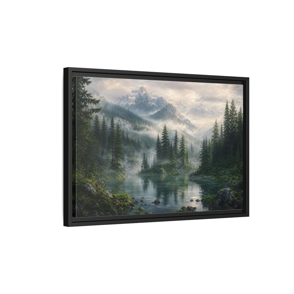 Side Mockup 3. Nature Mountain Lake Misty Mountain Forest shown as stretched canvas wall art
