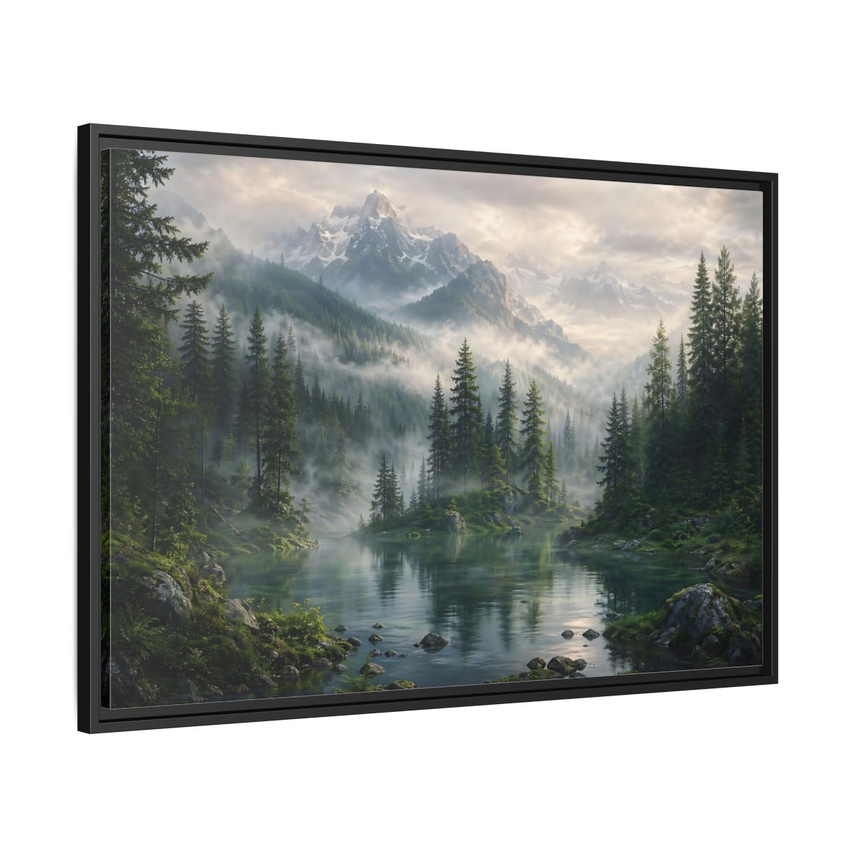 Side Mockup 13. Nature Mountain Lake Misty Mountain Forest shown as stretched canvas wall art