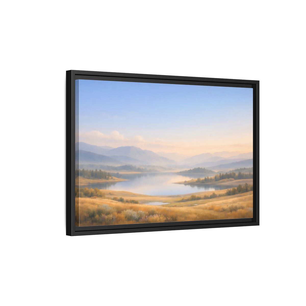Side Mockup 3. Nature Mountain Lake Misty Mountain Lake shown as stretched canvas wall art
