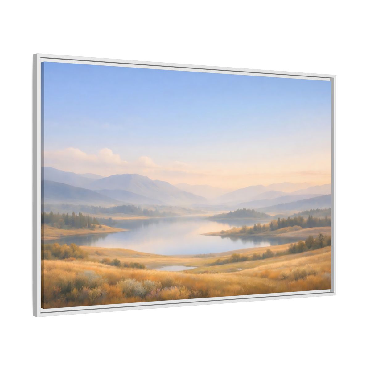 Side Mockup 7. Nature Mountain Lake Misty Mountain Lake shown as stretched canvas wall art