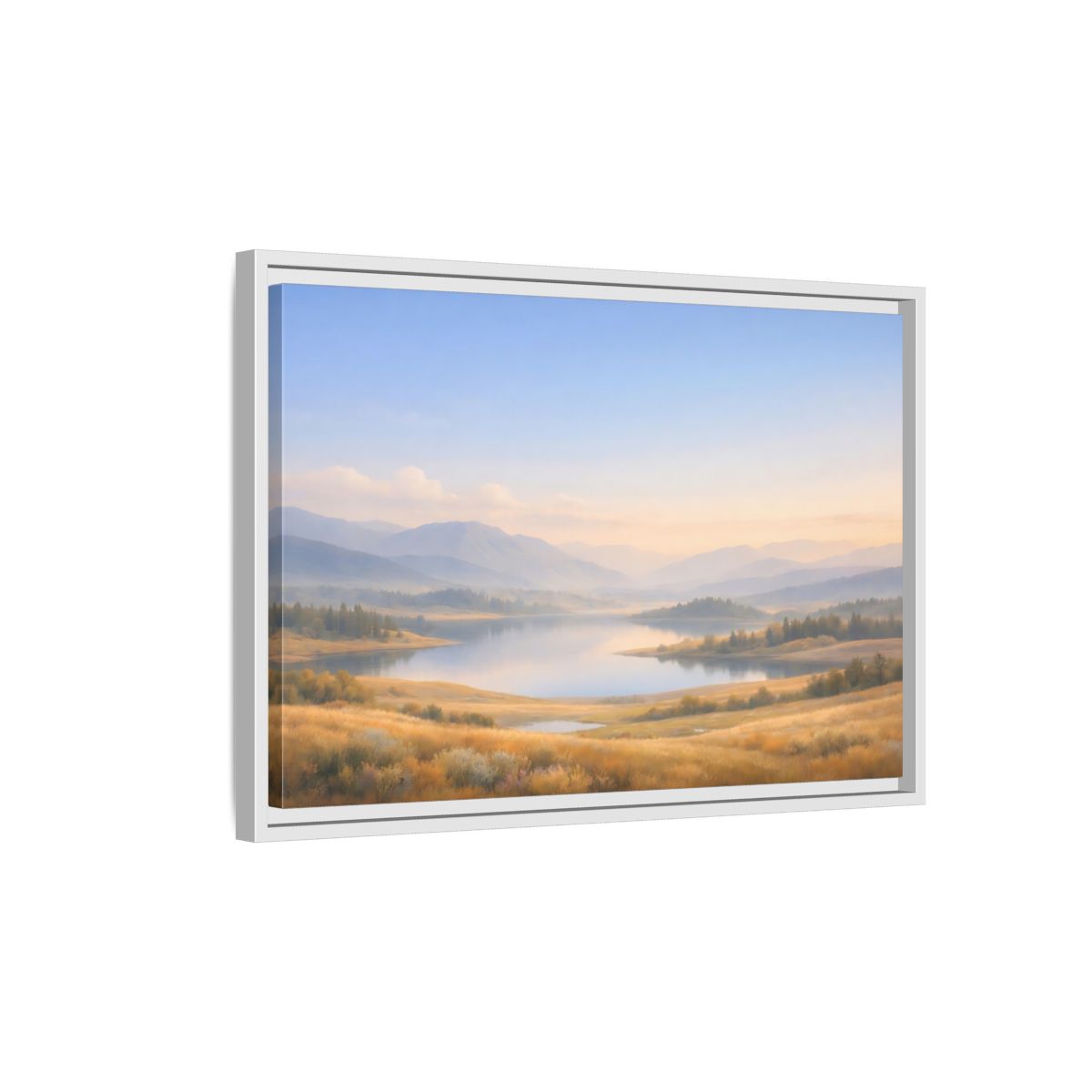 Side Mockup 1. Nature Mountain Lake Misty Mountain Lake shown as stretched canvas wall art