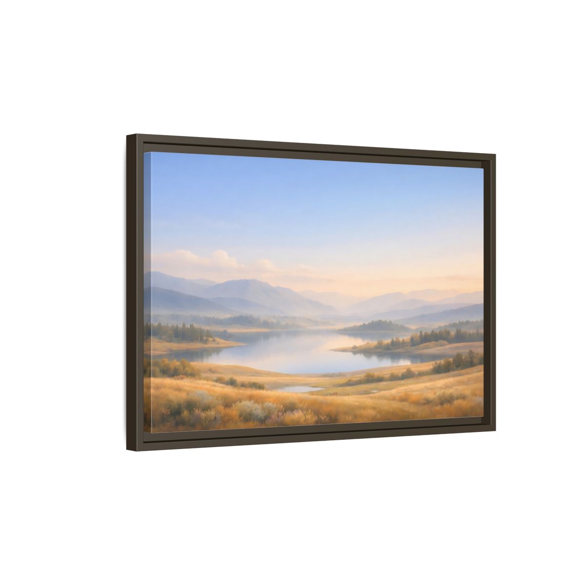 Side Mockup 2. Nature Mountain Lake Misty Mountain Lake shown as stretched canvas wall art