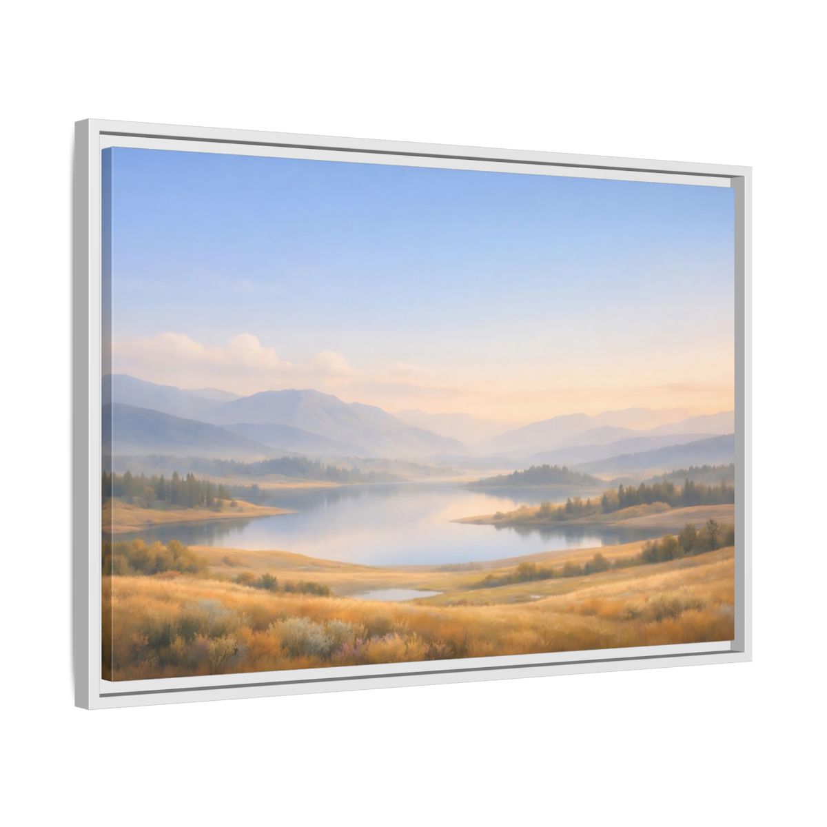 Side Mockup 10. Nature Mountain Lake Misty Mountain Lake shown as stretched canvas wall art