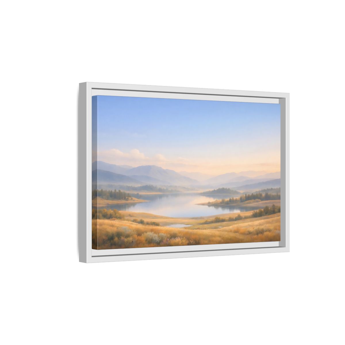 Side Mockup 4. Nature Mountain Lake Misty Mountain Lake shown as stretched canvas wall art