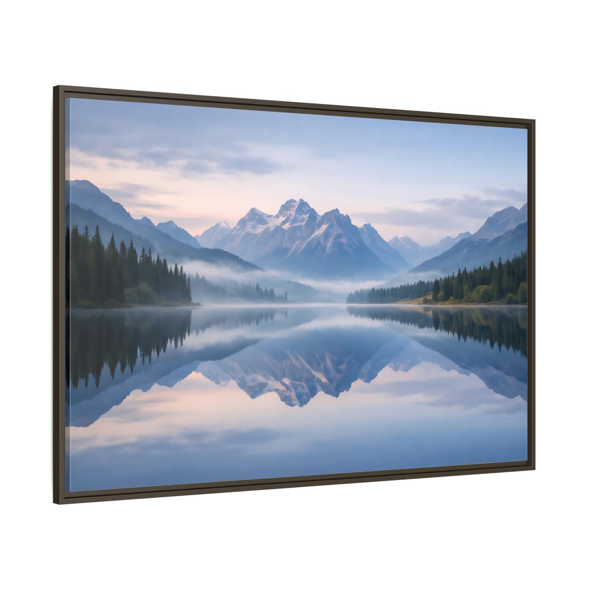 Side Mockup 8. Nature Mountain Lake Misty Mountain Lake shown as stretched canvas wall art