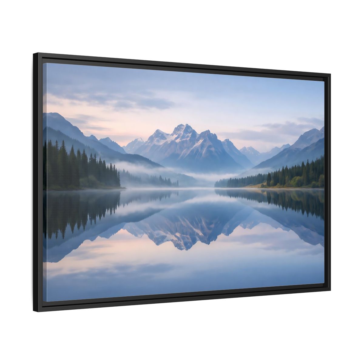 Side Mockup 13. Nature Mountain Lake Misty Mountain Lake shown as stretched canvas wall art